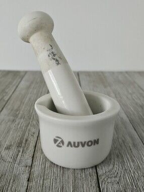AUVON White Ceramic Small Mortar and Pestle Set with Auvon Logo.Mortar Measure